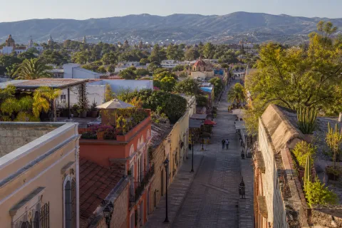 Vista urbana de una zona residencial de Oaxaca con calles arboladas y montañas