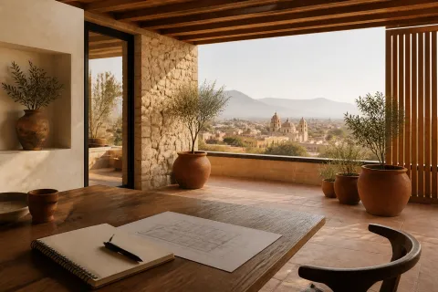 Terraza de una vivienda en Oaxaca con libreta y plano para organizar una búsqueda inmobiliaria