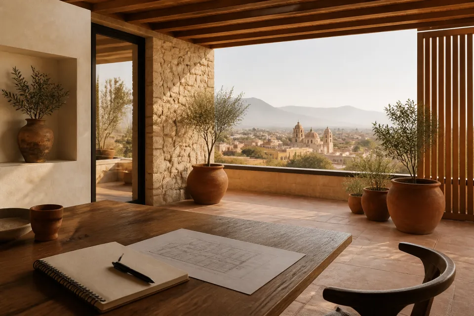Terraza de una vivienda en Oaxaca con libreta y plano para organizar una búsqueda inmobiliaria