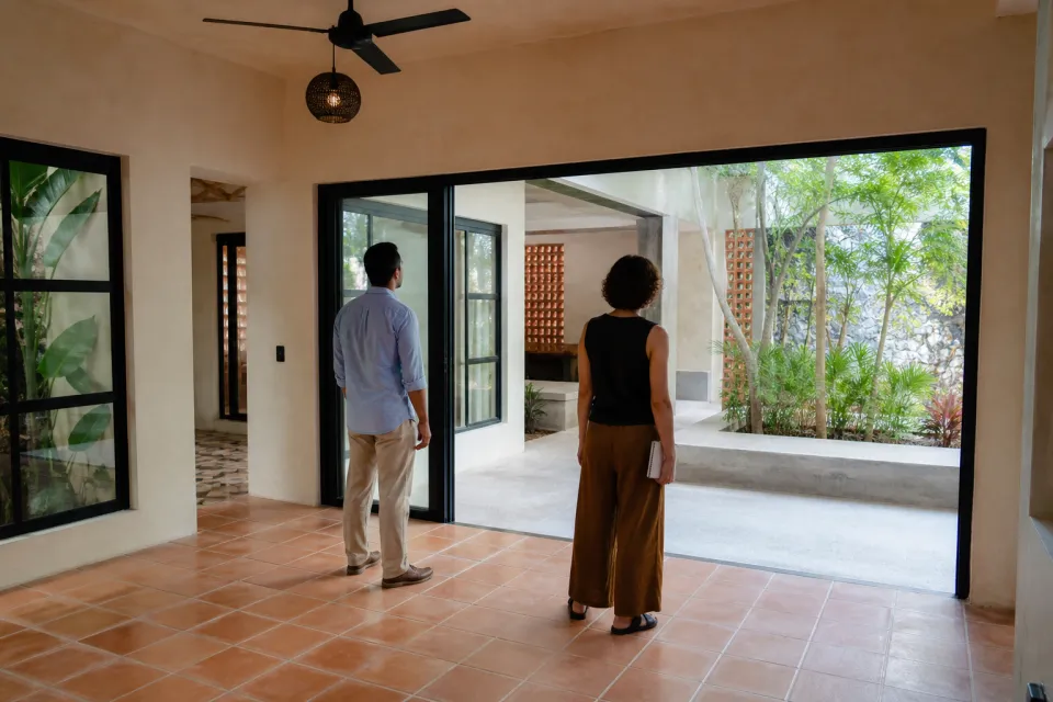Personas recorriendo con atención el interior y patio de una vivienda